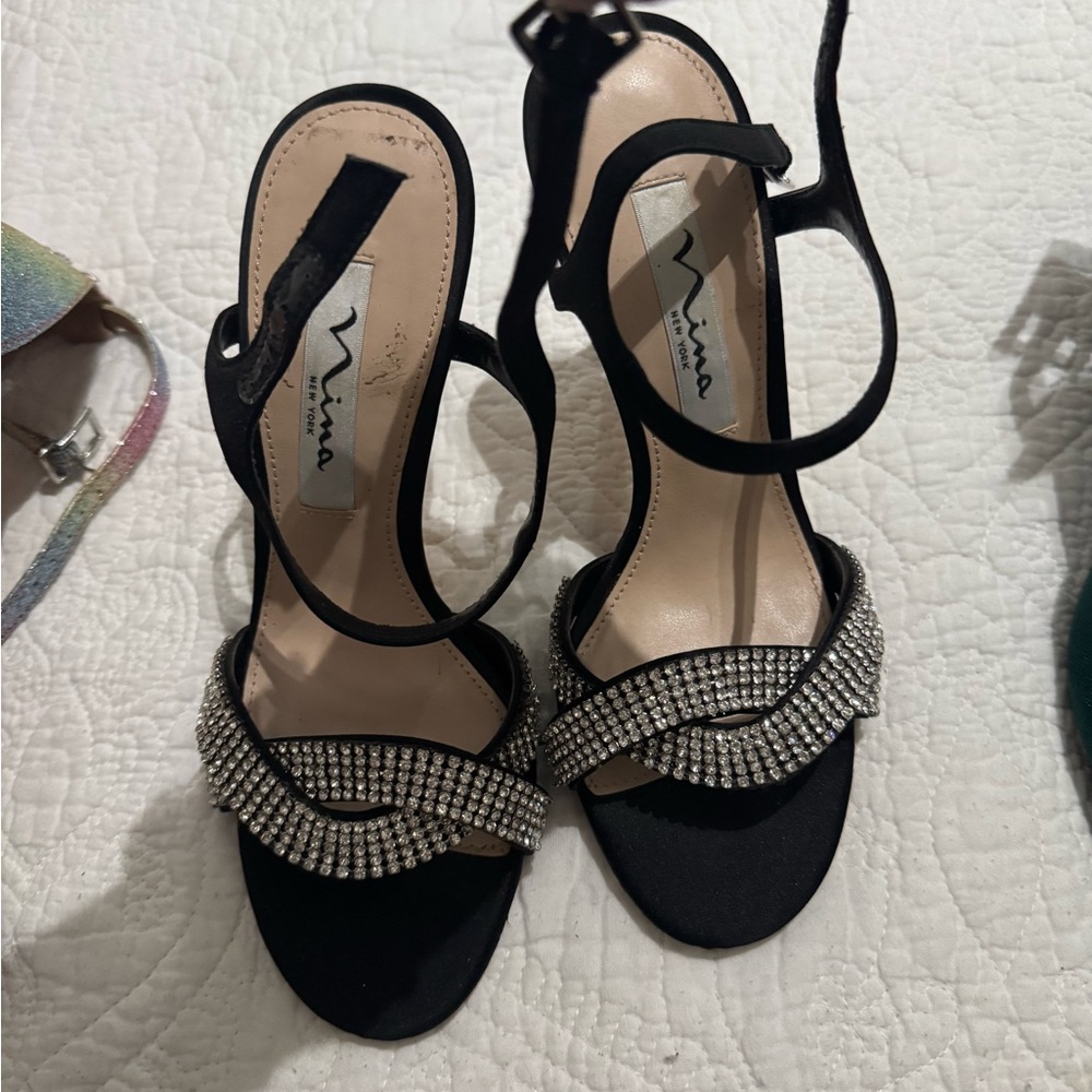 Nina Black Heeled Sandals with Crystal Embellishments